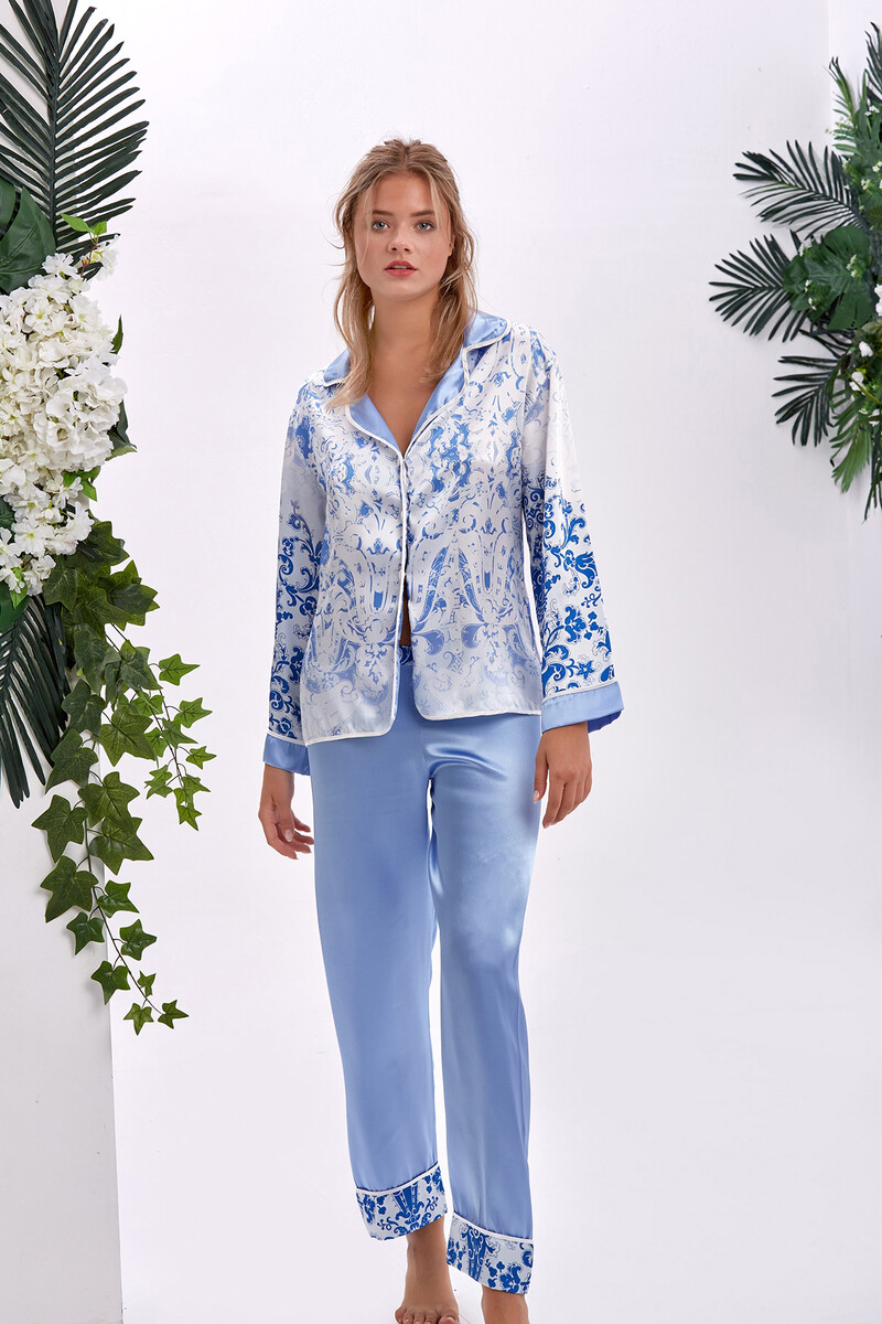 Mavi Desenli Saten Pijama Takımı - 1
