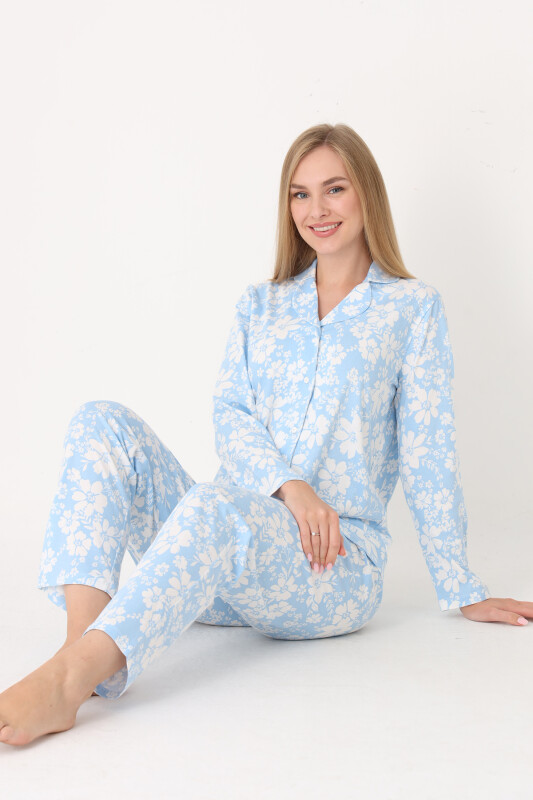 Mavi Flower Effect Önden Düğmeli Pijama Takımı 
