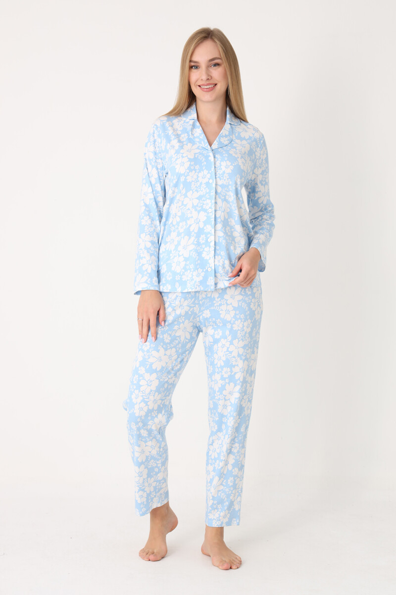 Mavi Flower Effect Önden Düğmeli Pijama Takımı - 2