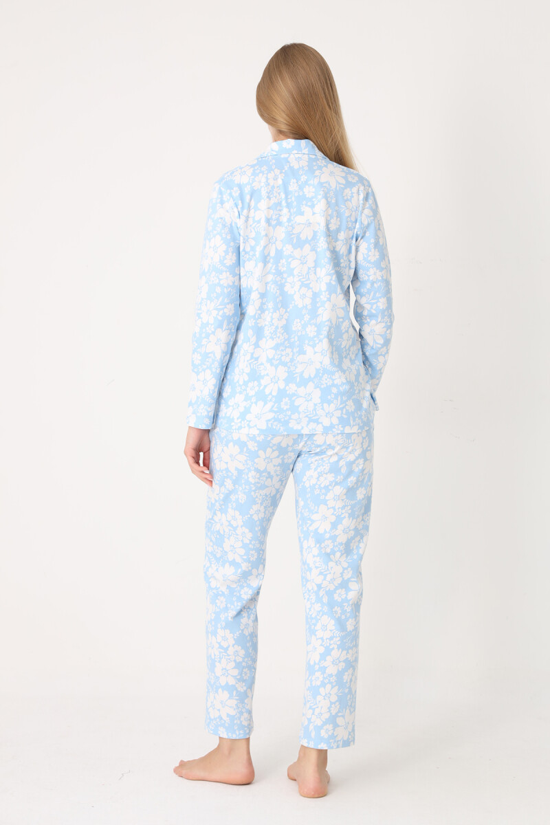 Mavi Flower Effect Önden Düğmeli Pijama Takımı - 3