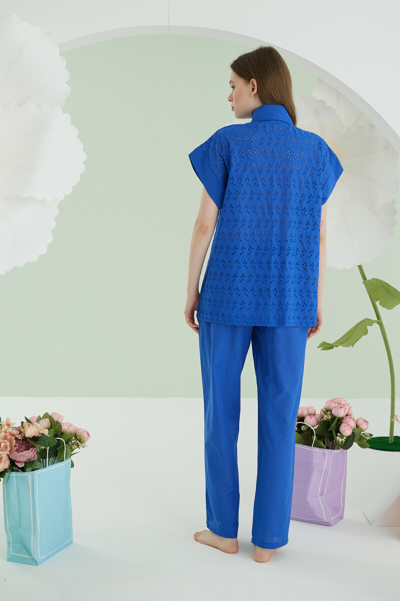 Mavi Hole Önden Düğmeli Pijama Takımı - 2
