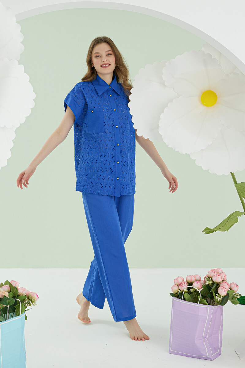 Mavi Hole Önden Düğmeli Pijama Takımı - 3