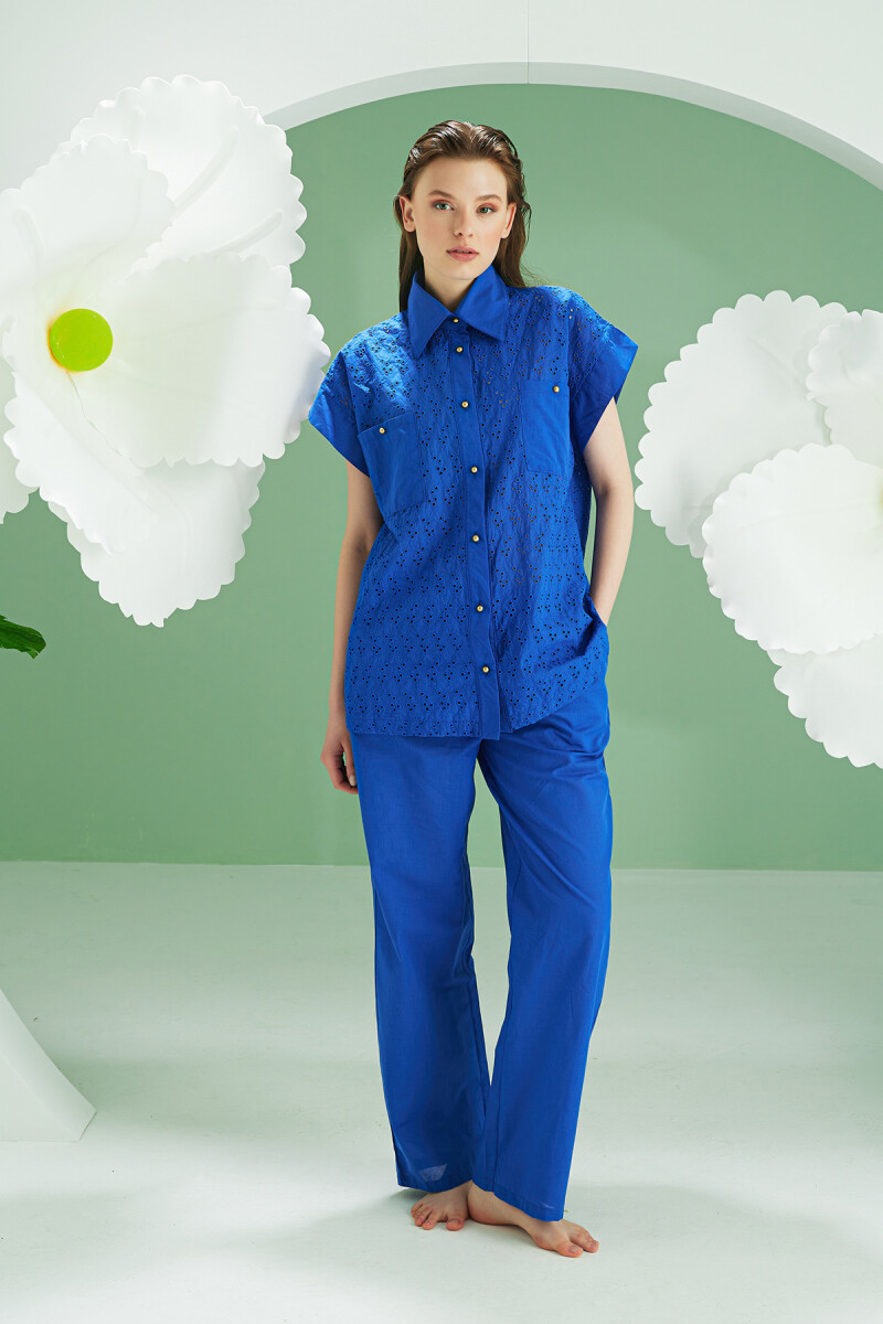 Mavi Hole Önden Düğmeli Pijama Takımı - 4