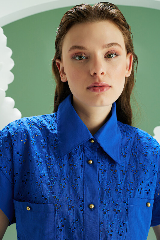 Mavi Hole Önden Düğmeli Pijama Takımı - NBB