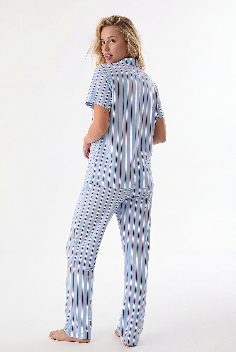 Mavi Kahverengi Çizgili Önden Düğmeli Pijama Takımı - 4