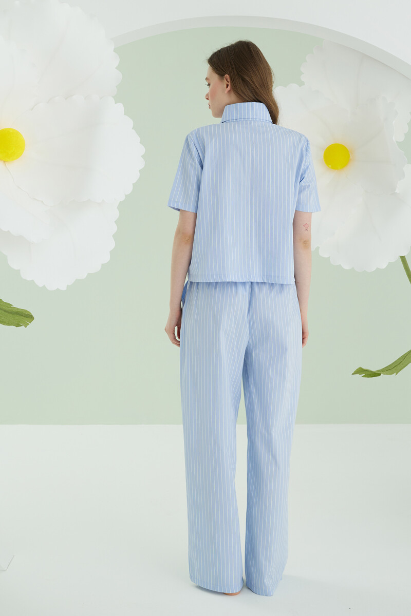 Mavi Kurdele Önden Düğmeli Pijama Takım - 4