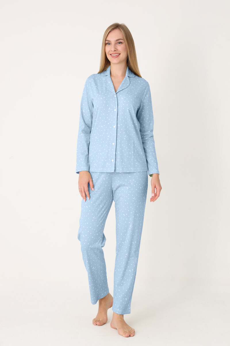 Mavi Moon And Stars Önden Düğmeli Pijama Takım - 1