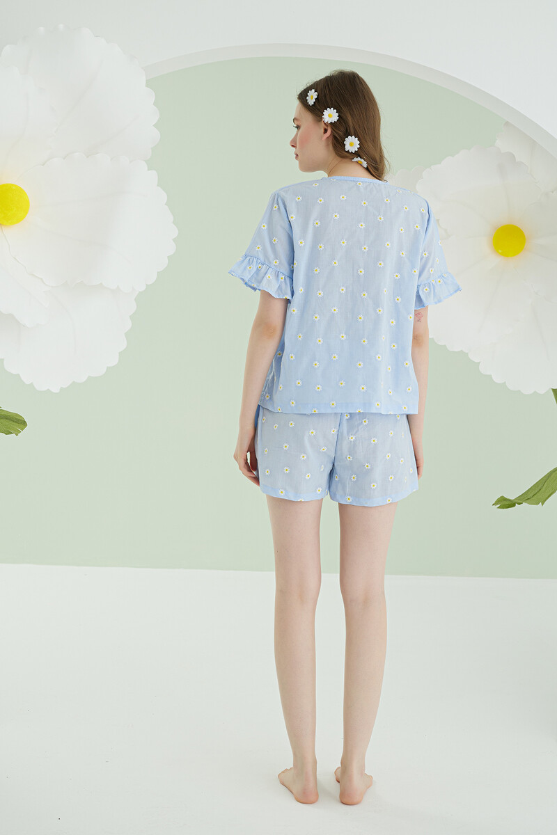 Mavi Papatya Şortlu Önden Bağlamalı Pijama Takımı - 4