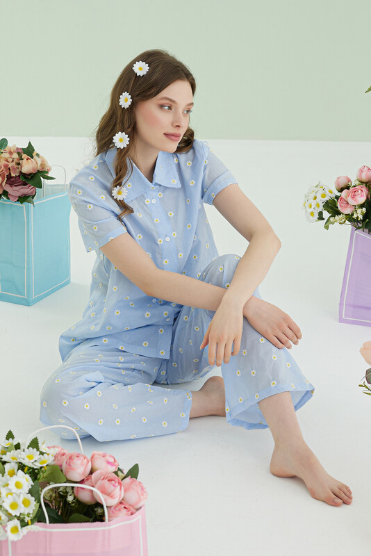 Mavi Papatyalı Önden Düğmeli Pijama Takımı - Thumbnail