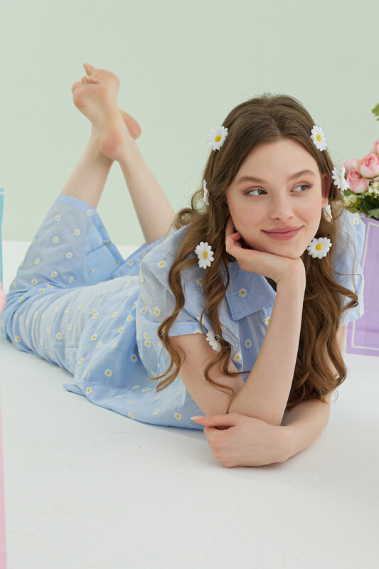 Mavi Papatyalı Önden Düğmeli Pijama Takımı - Thumbnail