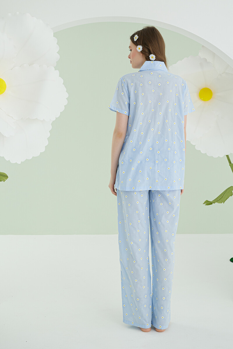 Mavi Papatyalı Önden Düğmeli Pijama Takımı - 4