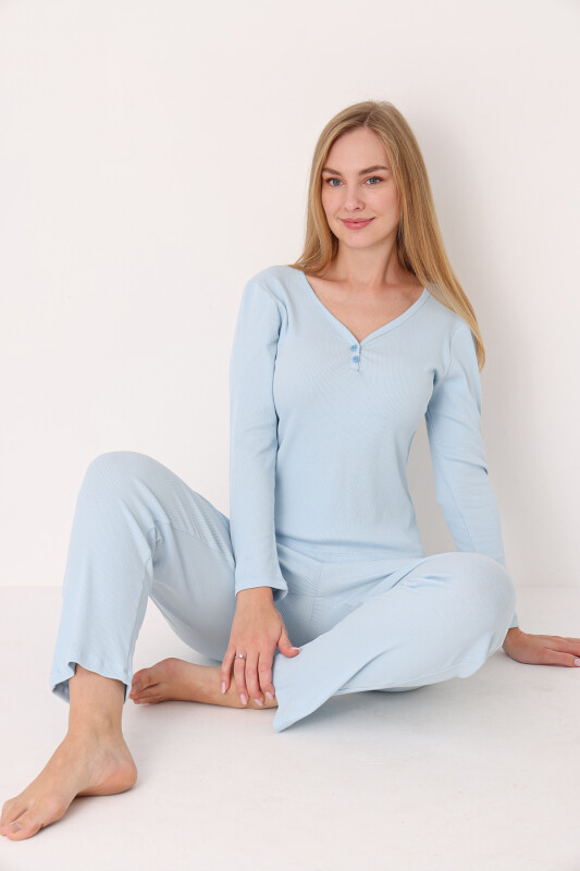 Mavi Patlı V Yaka Pijama Takım - NBB