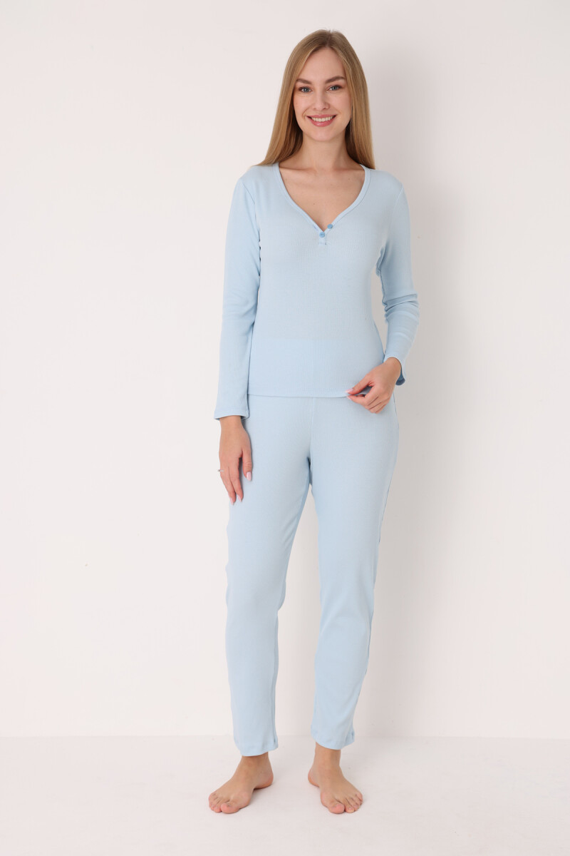 Mavi Patlı V Yaka Pijama Takım - 2