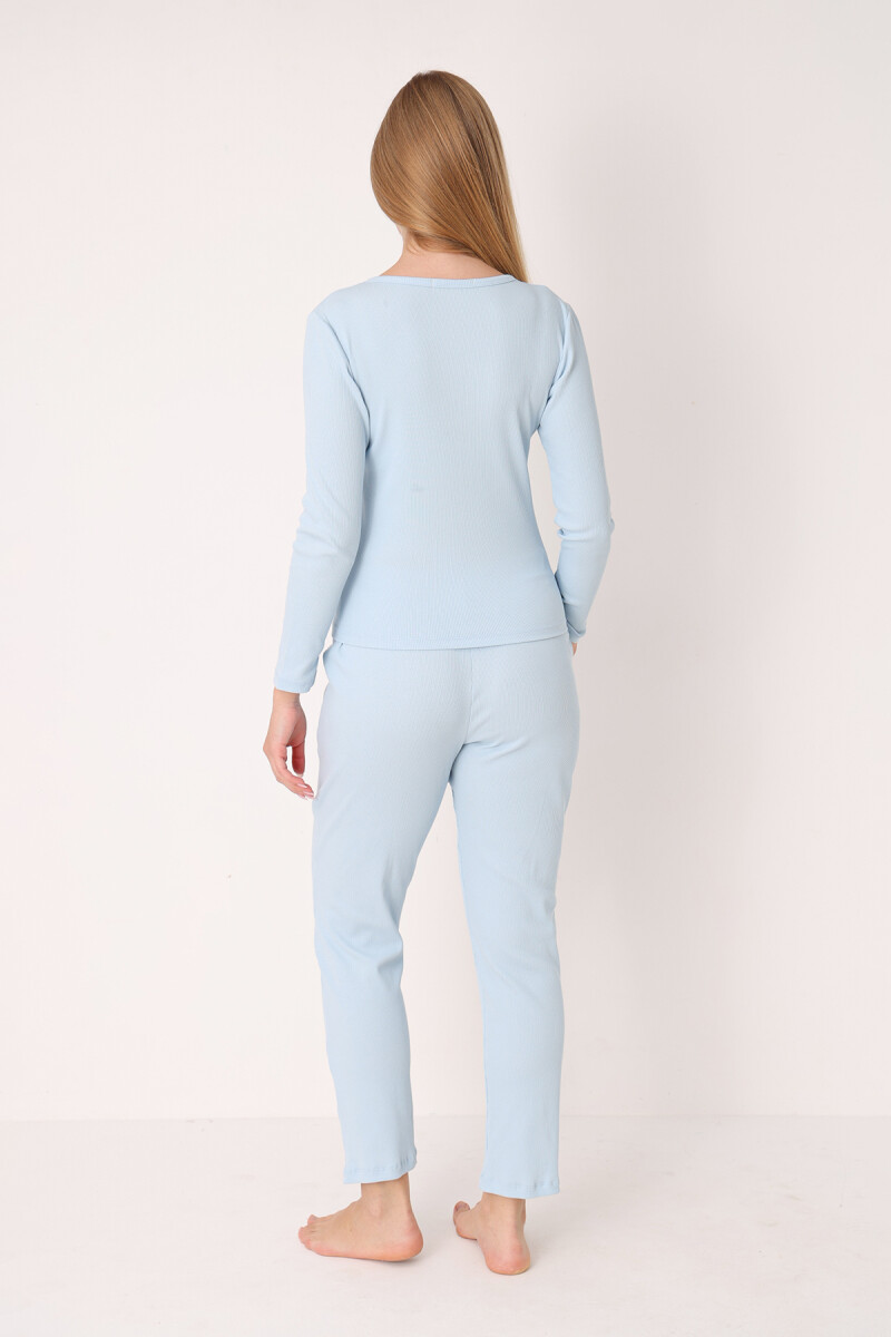 Mavi Patlı V Yaka Pijama Takım - 3