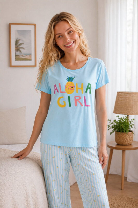 Mavi Pineapple Bisiklet Yaka Pijama Takımı - NBB