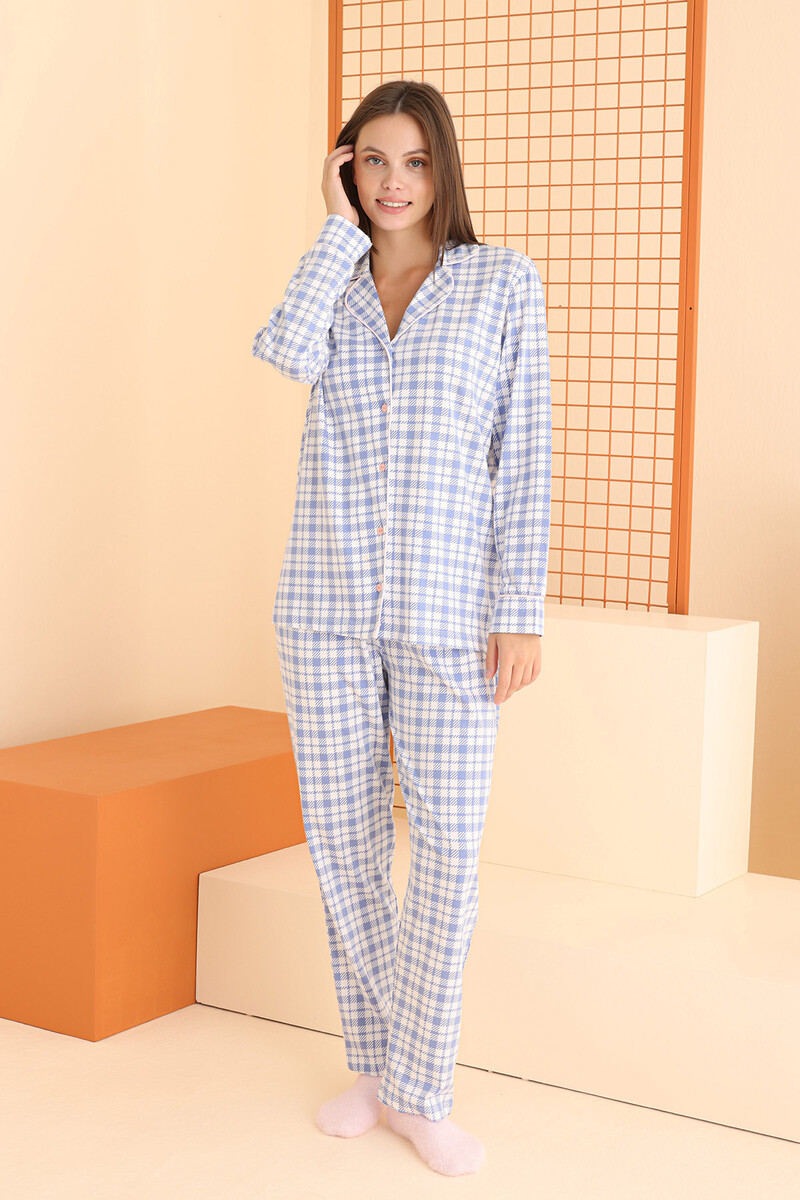 Mavi Plaid Stripes Önden Düğmeli Pijama Takımı - 2