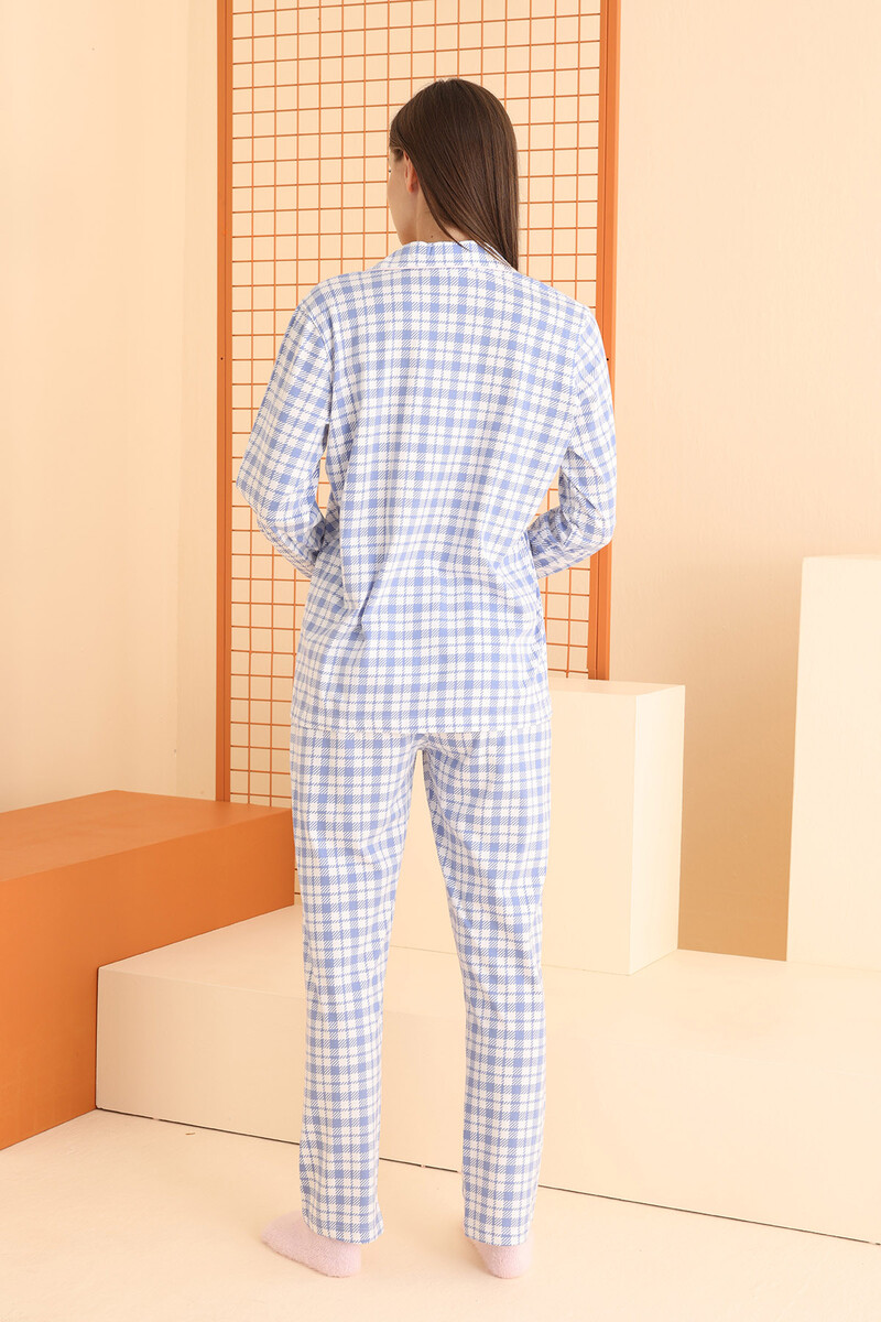 Mavi Plaid Stripes Önden Düğmeli Pijama Takımı - 4