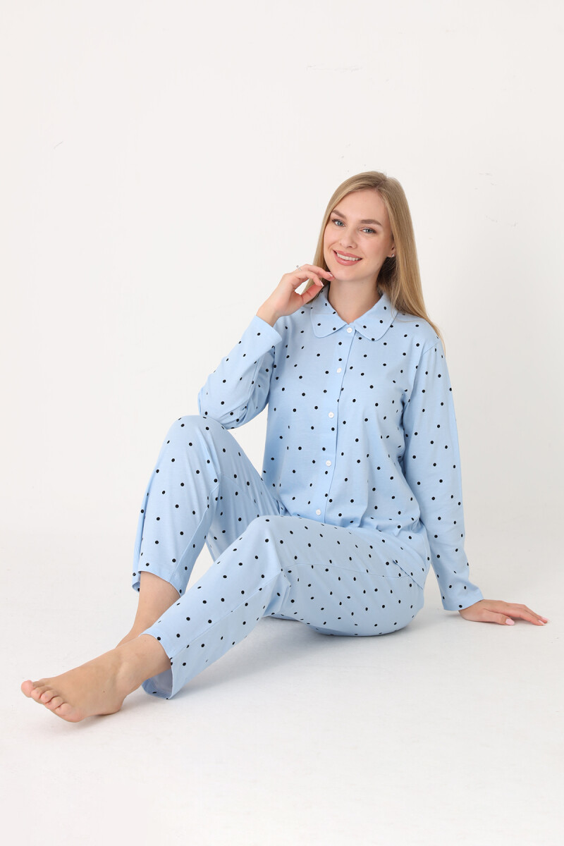 Mavi Polka Dot Önden Düğmeli Pijama Takım - 1