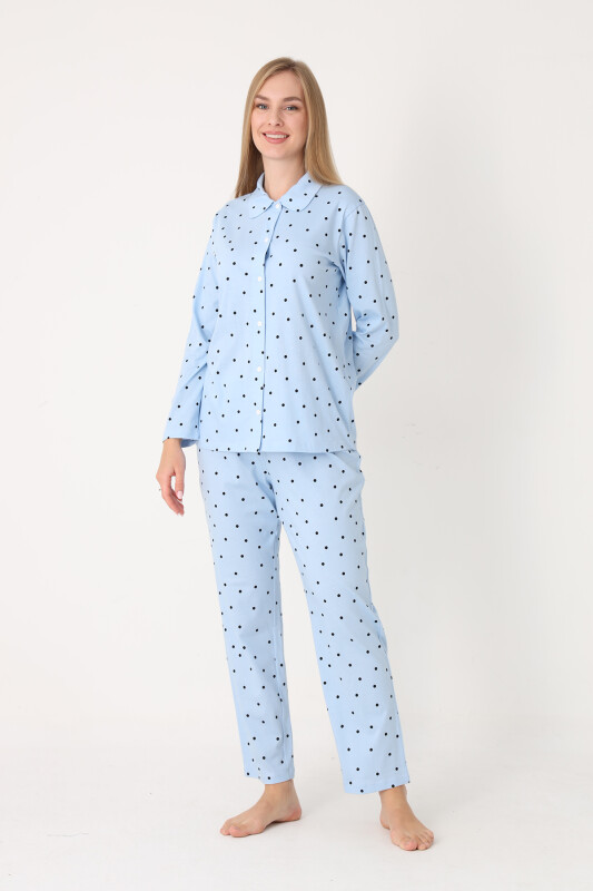 Mavi Polka Dot Önden Düğmeli Pijama Takım - NBB