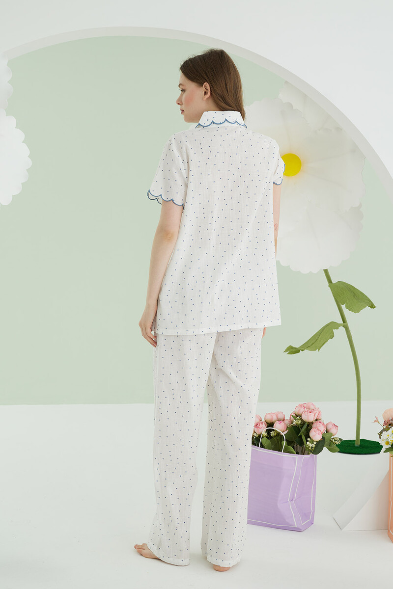 Mavi Puantiyeli Önden Düğmeli Pijama Takımı - 5