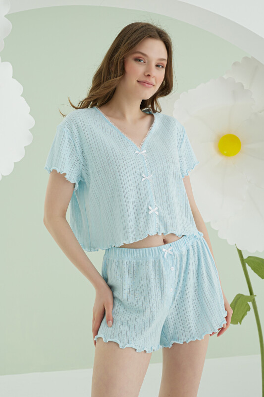 Mavi Ribbon Şortlu Pijama Takımı - NBB