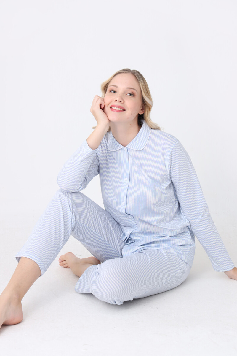 Mavi Sleepy Önden Düğmeli Pijama Takım - 3