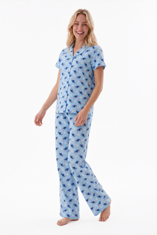 Mavi Stitch Önden Düğmeli Pijama Takımı - LOYA