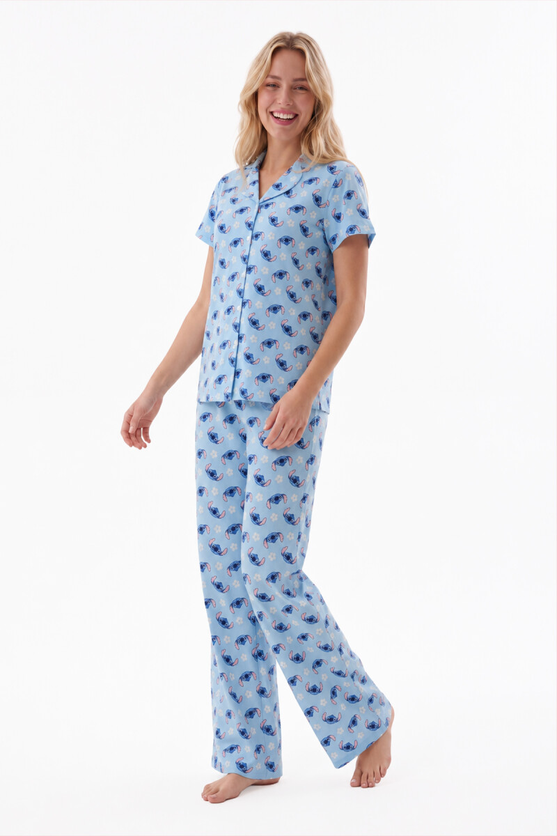 Mavi Stitch Önden Düğmeli Pijama Takımı - 1