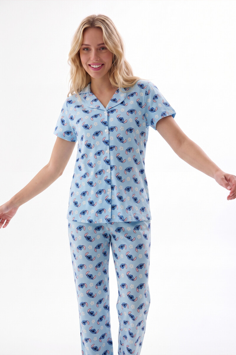 Mavi Stitch Önden Düğmeli Pijama Takımı - 2