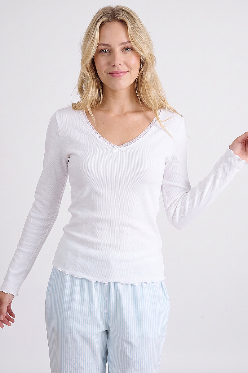 Mavi V Yaka Kaşkorse Pijama Takımı - 4