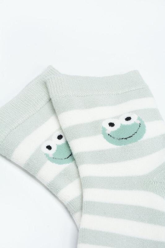 Mint Yeşil Çizgili Kurbağa Detaylı Soket Çorap - Thumbnail