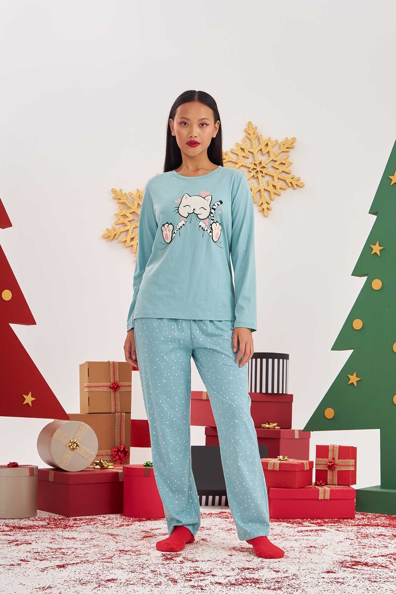 Mint Yeşil Cute Cat Pijama Takımı - 2