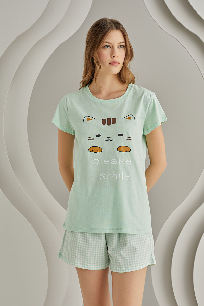 Mint Yeşil Green Plaid Şort Takımı - 1