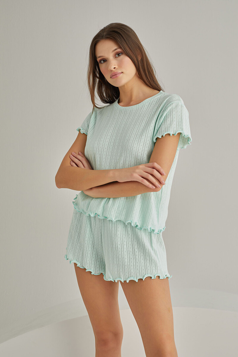 Mint Yeşil Striped Short Sleeve Şort Takımı - 2