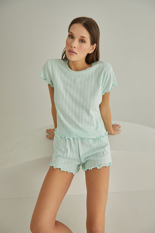 Mint Yeşil Striped Short Sleeve Şort Takımı - Thumbnail