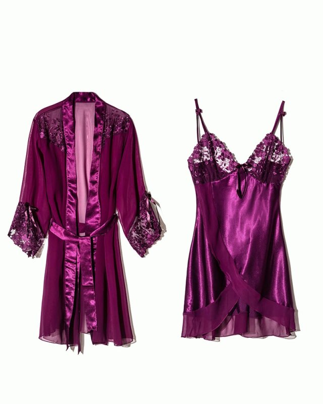 Mor Fantezi Saten Gecelik Sabahlık Takım - NBB