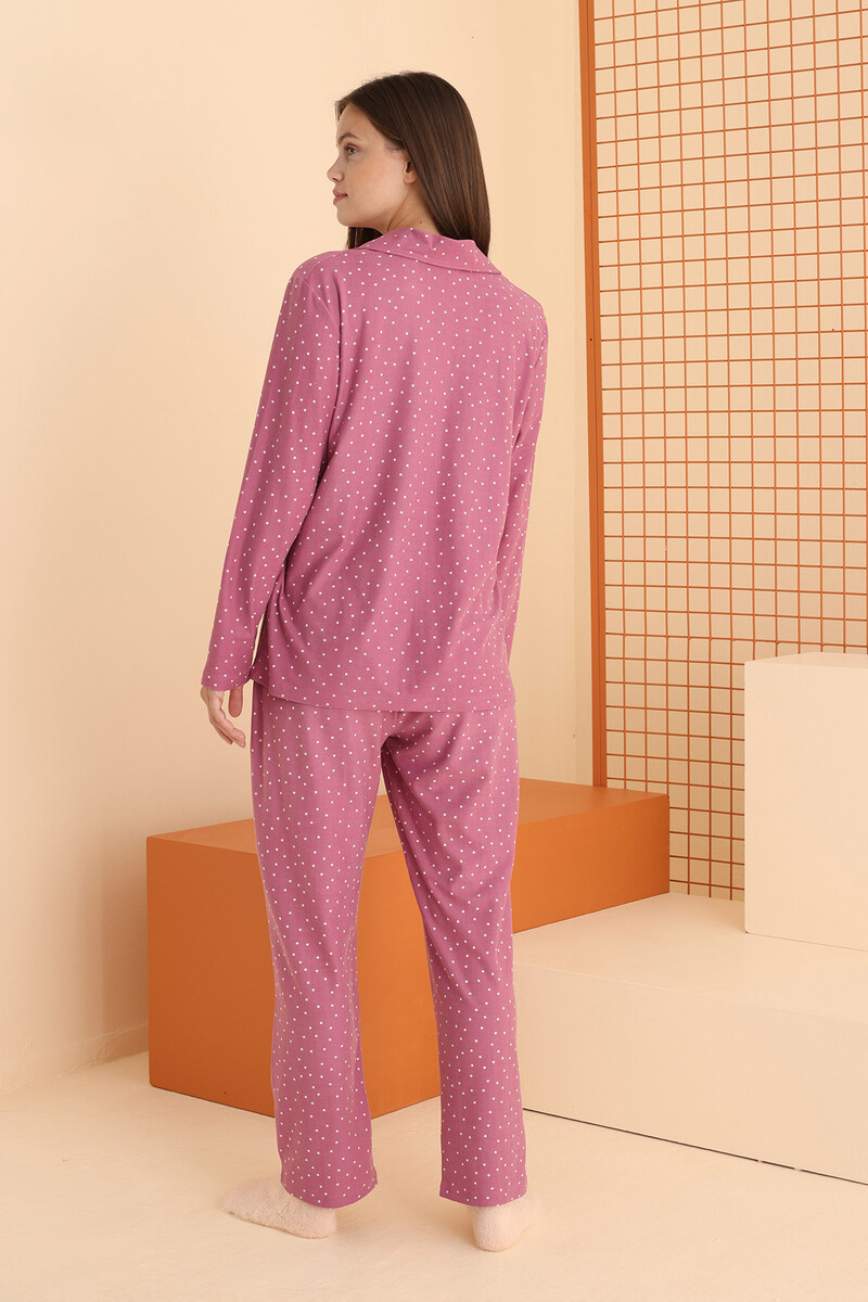 Mürdüm Puantiyeli Önden Düğmeli Pijama Takımı - 4