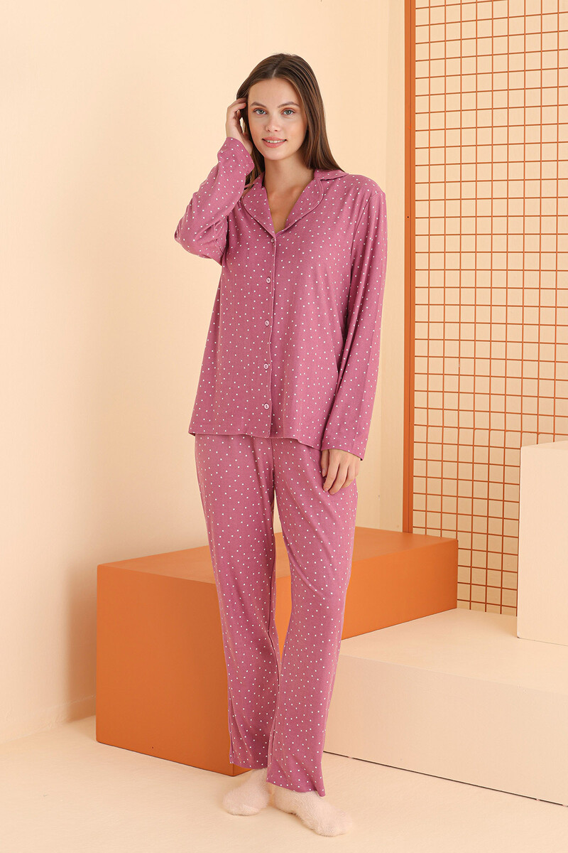 Mürdüm Puantiyeli Önden Düğmeli Pijama Takımı - 1