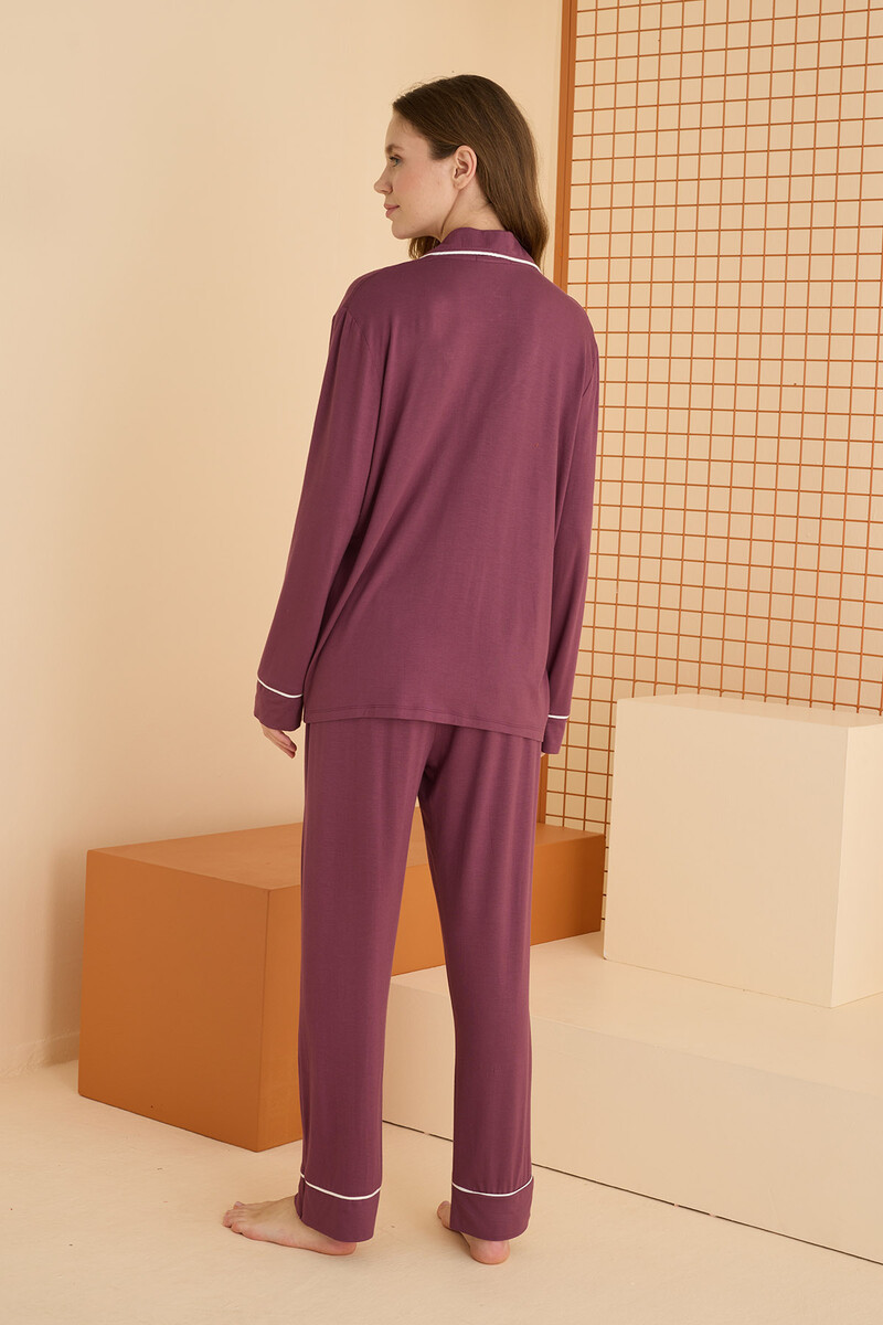 Mürdüm Viskon Önden Düğmeli Pijama Takımı - 4