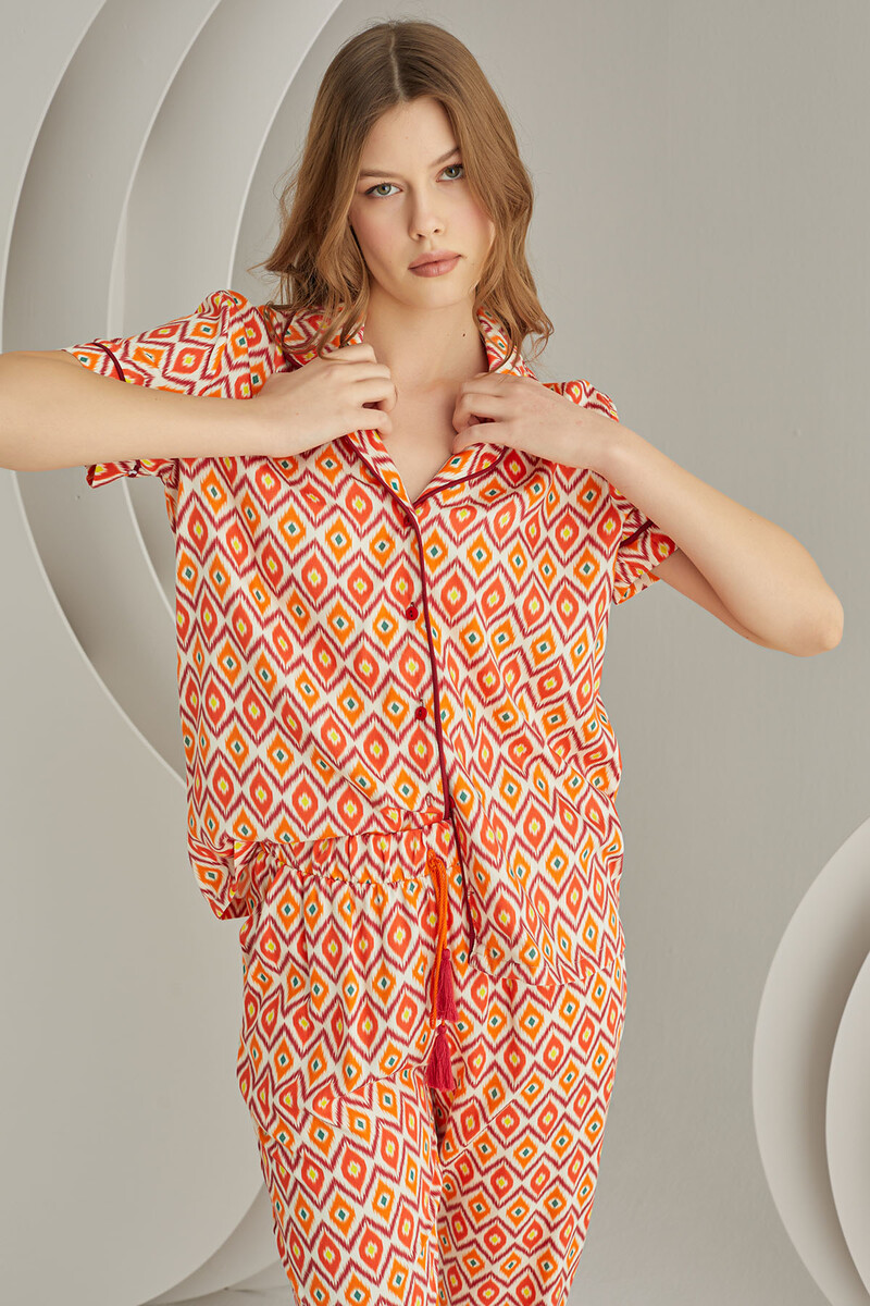 Oranj Cosmos Önden Düğmeli Pijama Takımı - 3