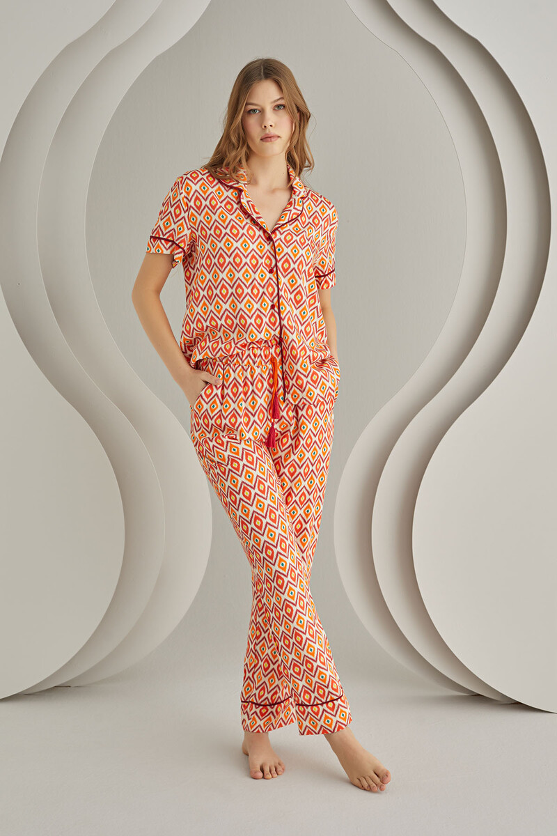Oranj Cosmos Önden Düğmeli Pijama Takımı - 1