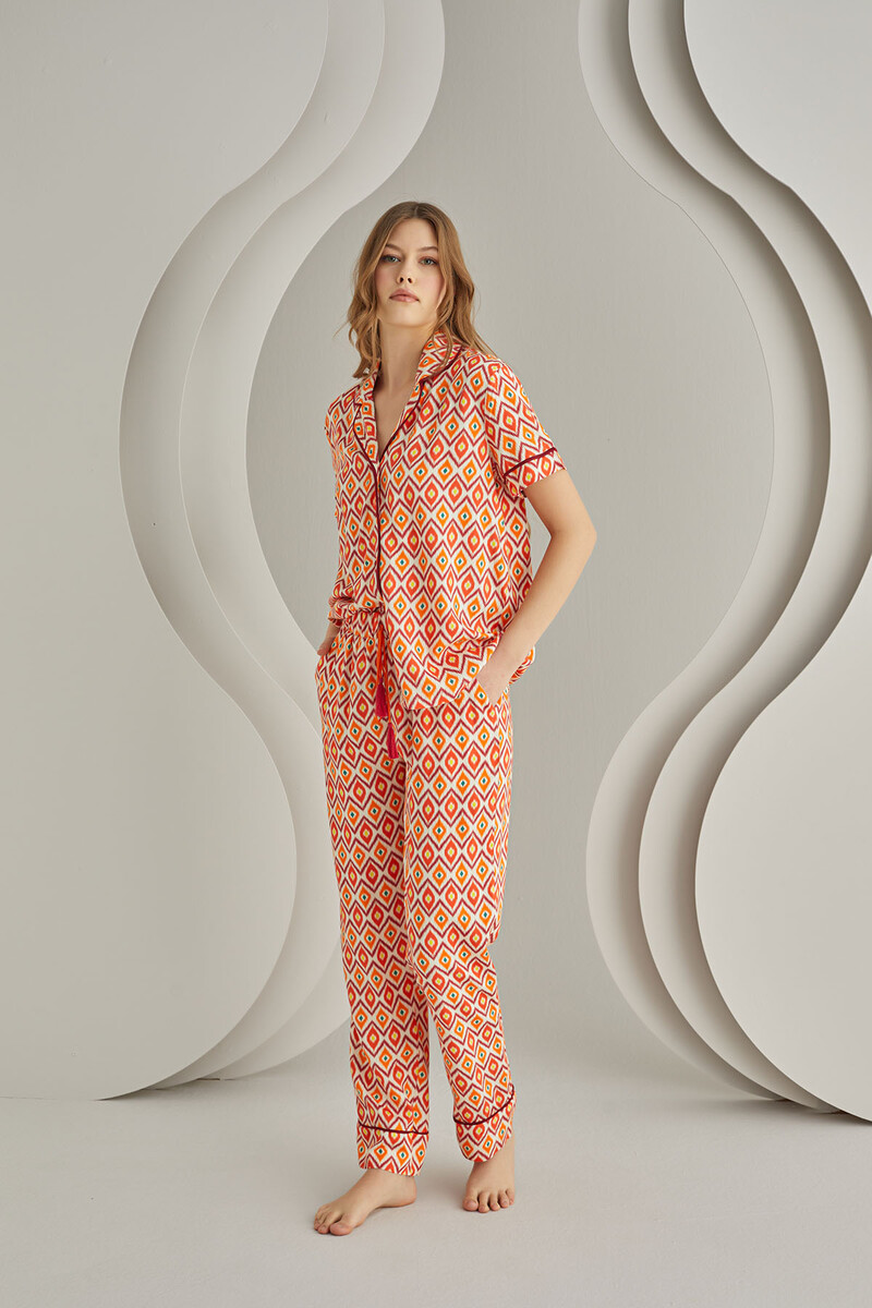 Oranj Cosmos Önden Düğmeli Pijama Takımı - 6