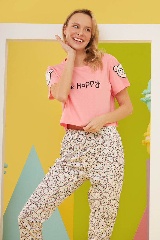 Pembe Be Happy Crop Pijama Takımı - Thumbnail