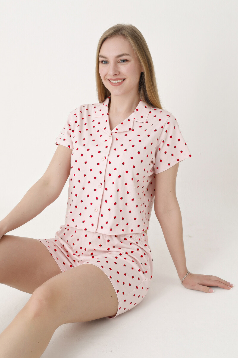 Pembe Berry Şortlu Crop Önden Düğmeli Pijama Takımı - 1