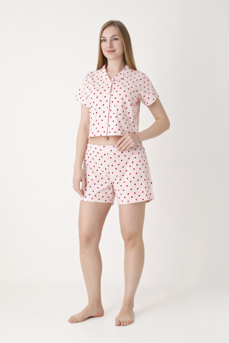 Pembe Berry Şortlu Crop Önden Düğmeli Pijama Takımı - 2