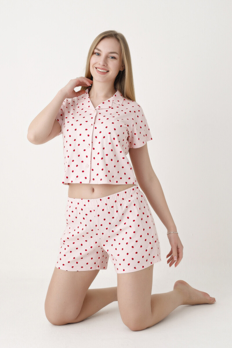 Pembe Berry Şortlu Crop Önden Düğmeli Pijama Takımı - 4