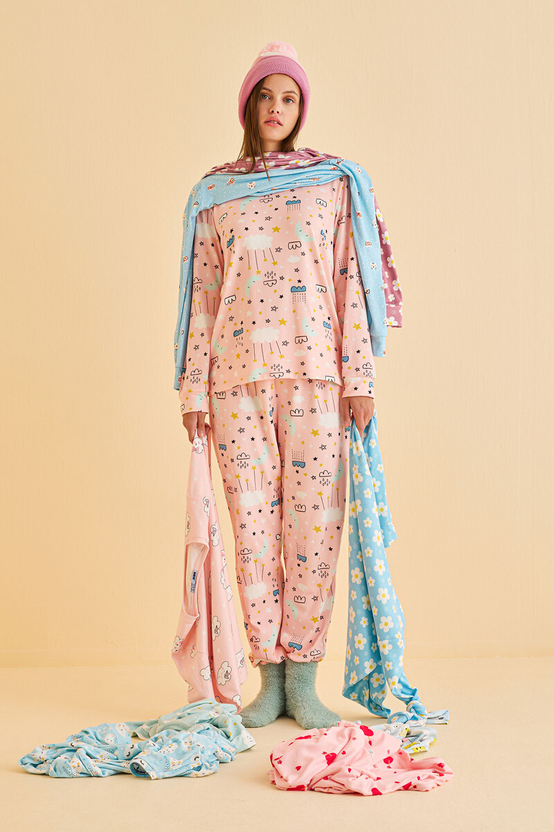 Pembe Bulut Desenli Pijama Takımı - 1