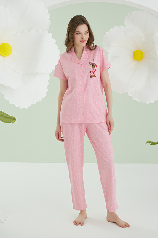 Pembe Bunny Önden Düğmeli Pijama Takımı - Thumbnail