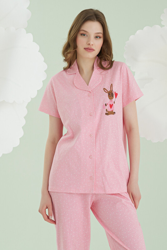 Pembe Bunny Önden Düğmeli Pijama Takımı - Thumbnail