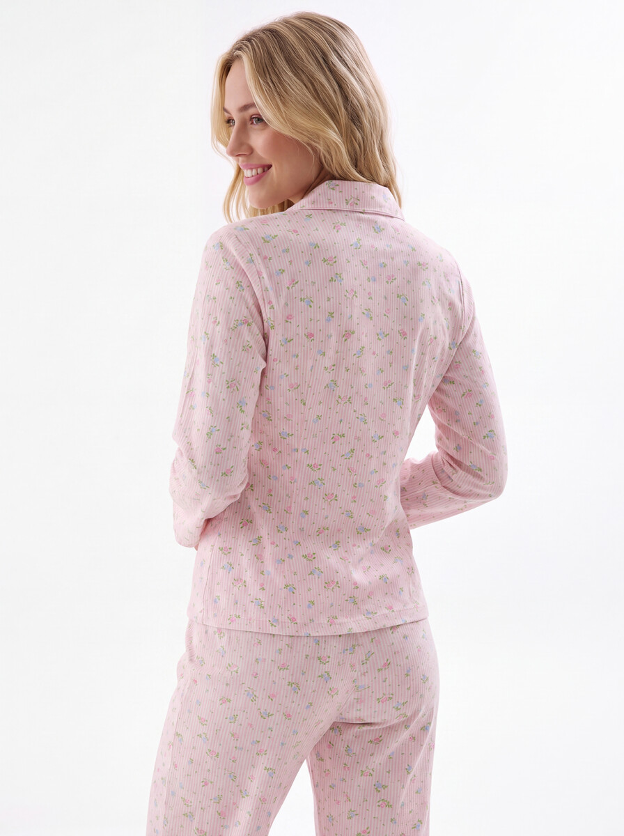 Pembe Çiçekli Önden Düğmeli Pijama Takım - 4